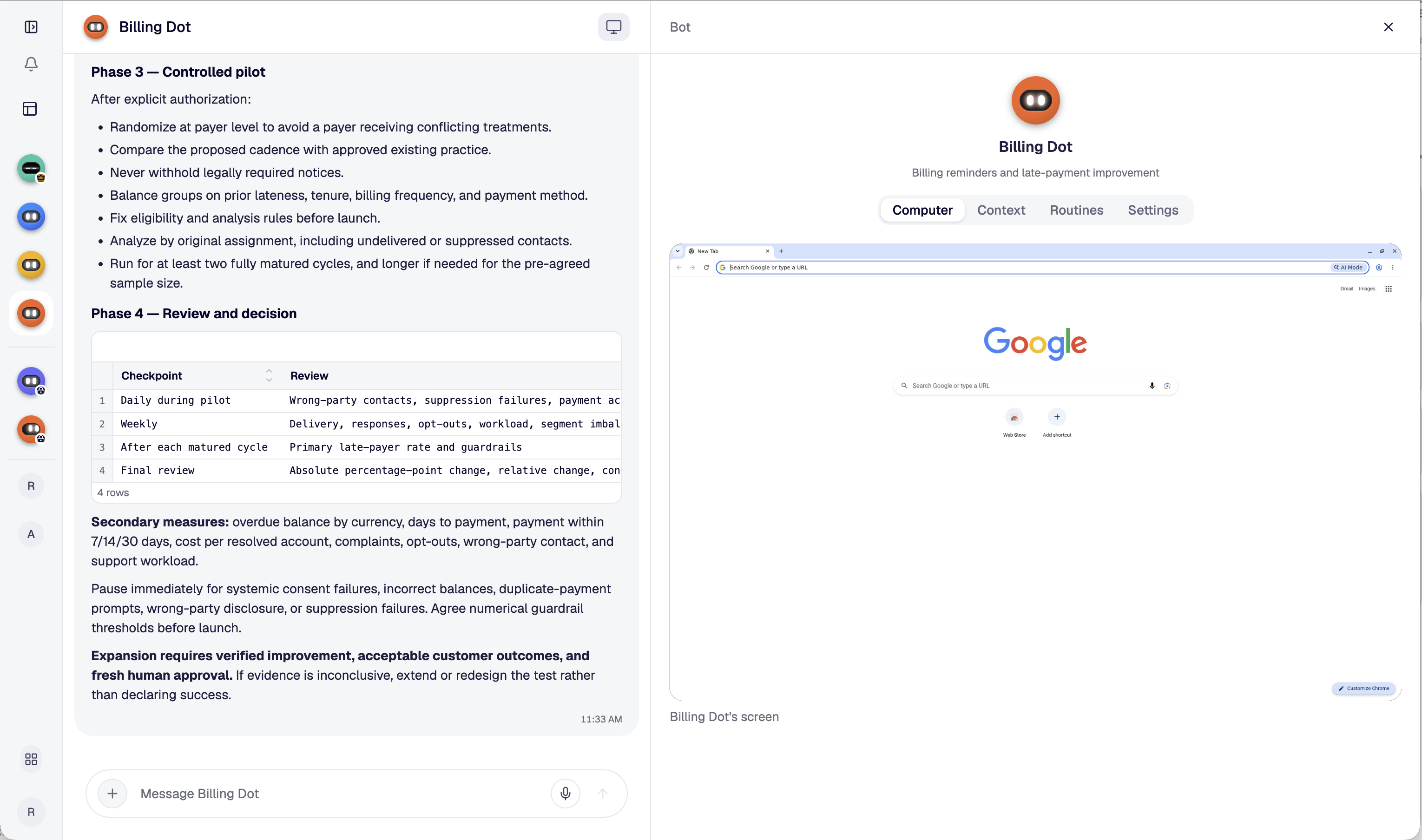 CasaDots product: Billing Dot conversation alongside its Computer workspace, with Context, Routines and Settings tabs and the team in the left sidebar.
